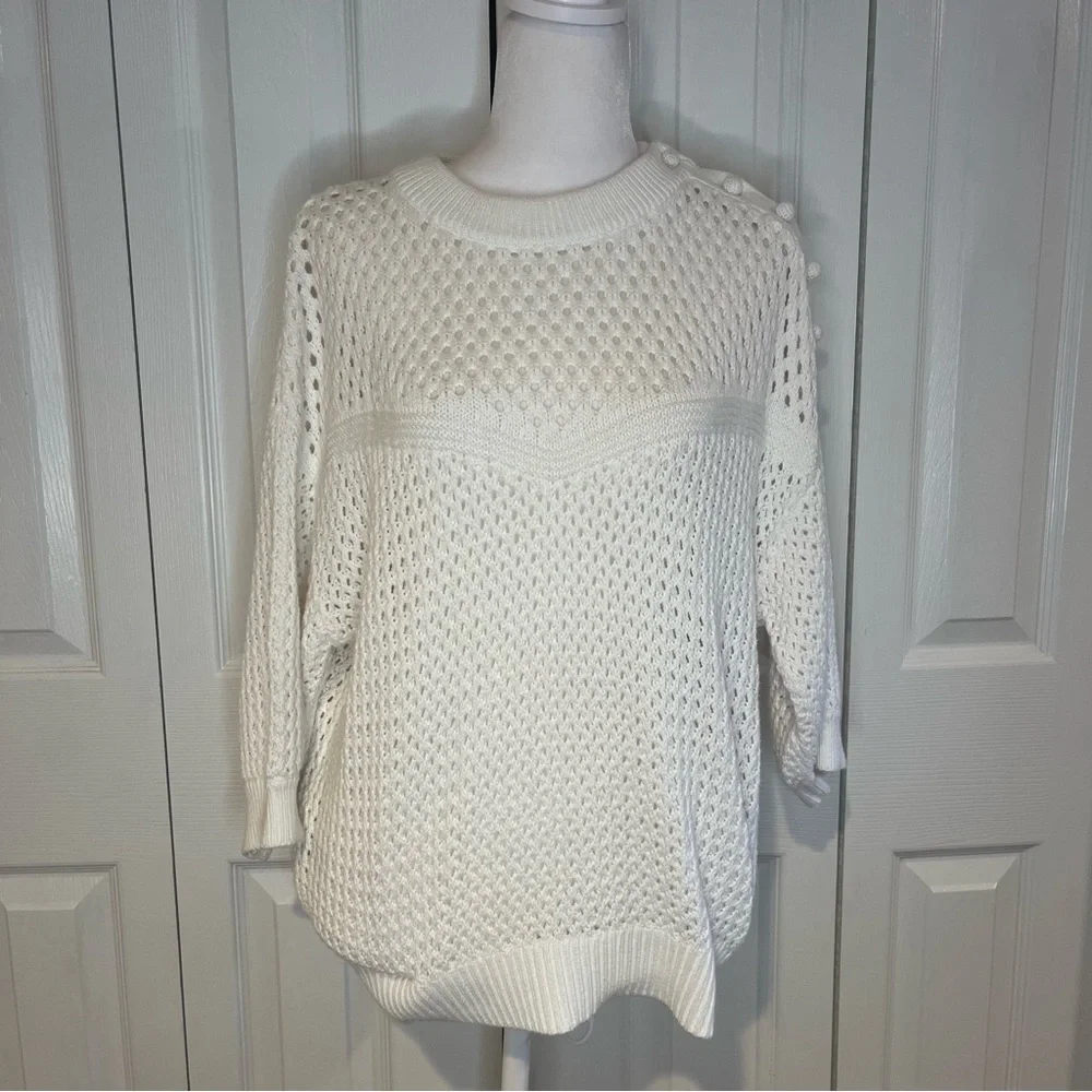 J Crew, White Sweater with Intricate Open-Weave Design and large buttons, Size M